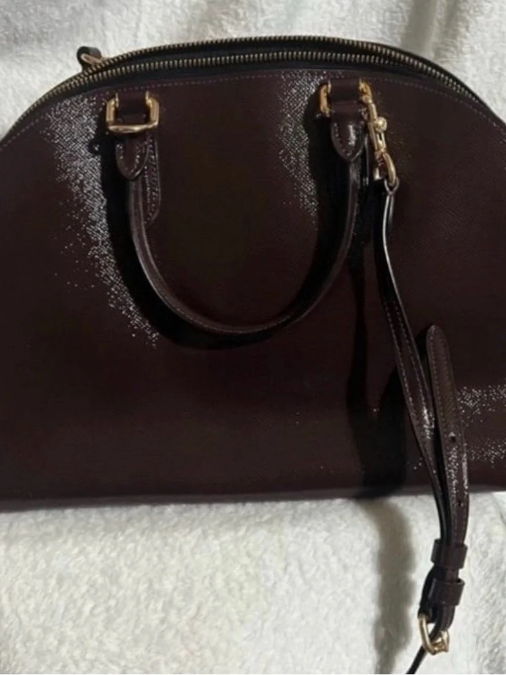 Coach Oxblood Quinn Patent Crossgrain  Leather Satchel.